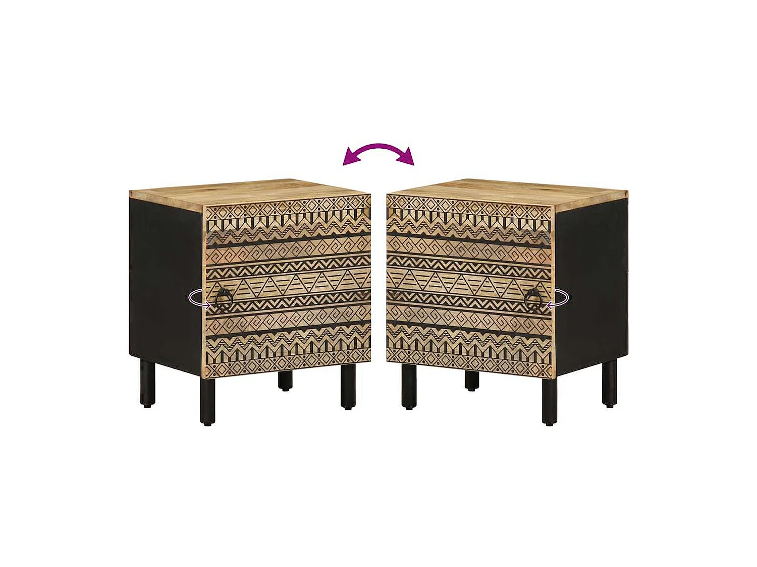 Comodini 2pz Neri 40x33,5x46 cm Legno Massello Mango Grezzo