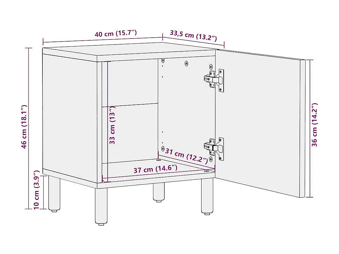 Comodini 2pz Neri 40x33,5x46 cm Legno Massello Mango Grezzo