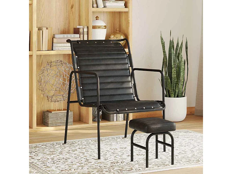 Fauteuil de relaxation avec repose-pied Noir Cuir véritable