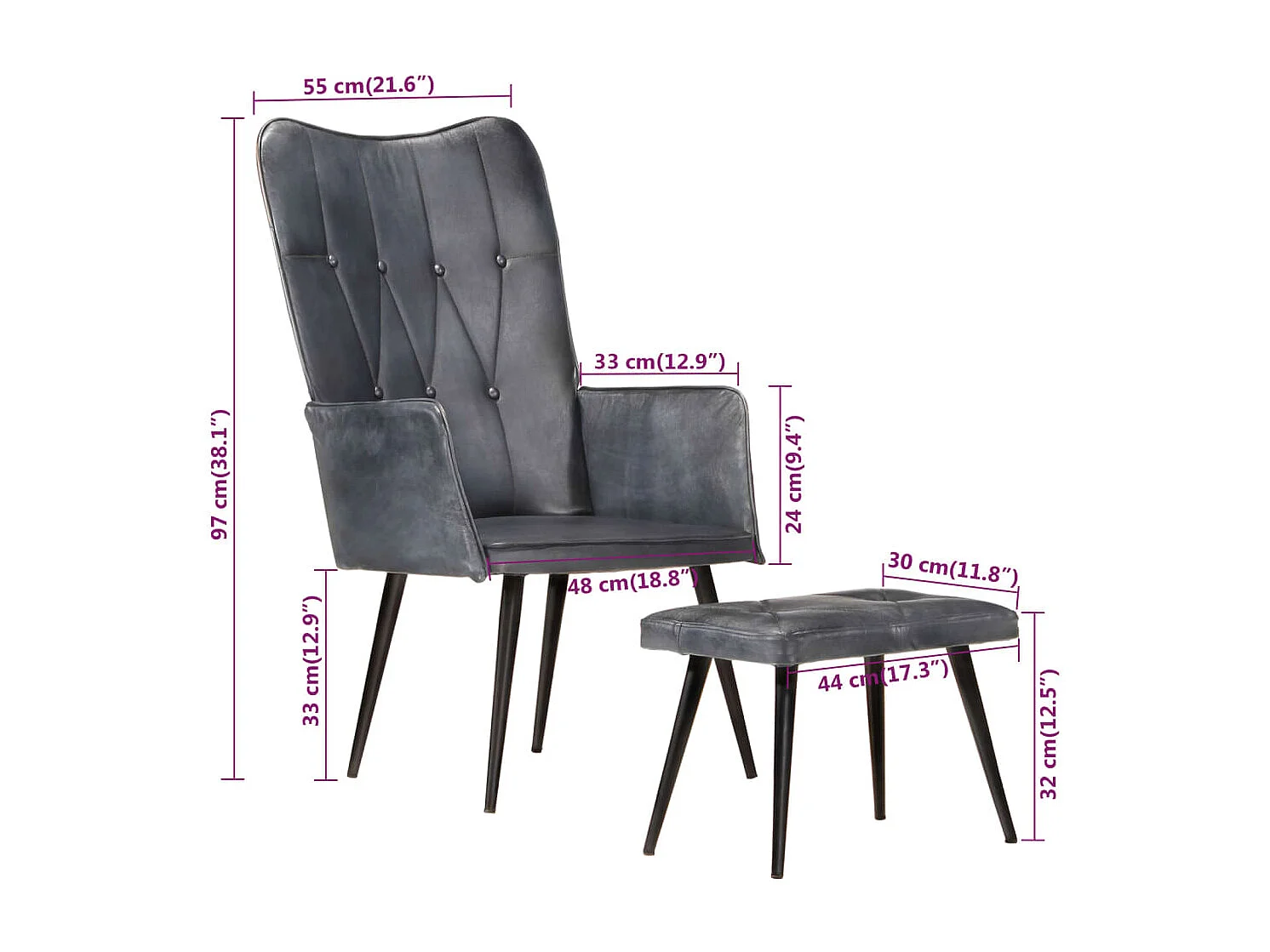 Fauteuil met voetensteun echt leer grijs