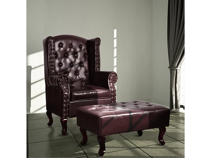 Fauteuil met voetenbankje kunstleer donkerbruin