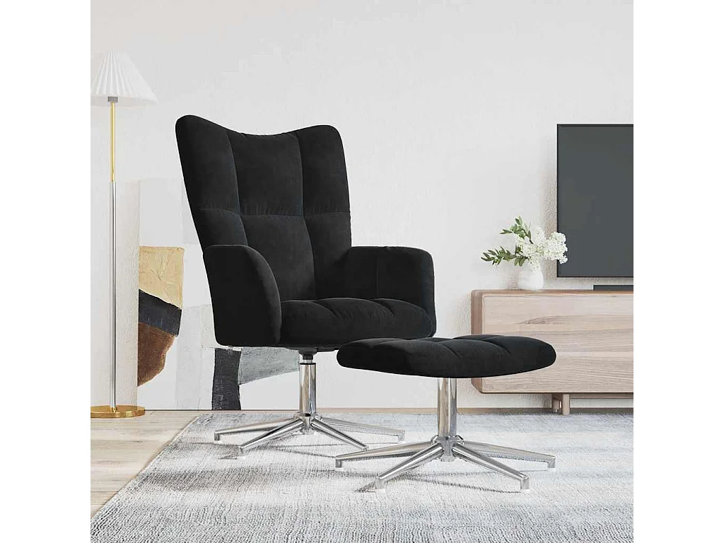 Chaise de relaxation avec tabouret Noir Velours