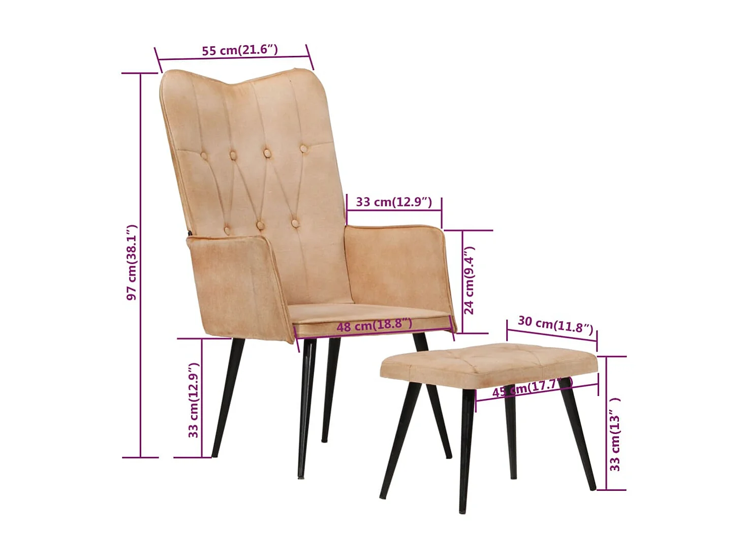 Chaise à oreilles avec repose-pied Crème Toile