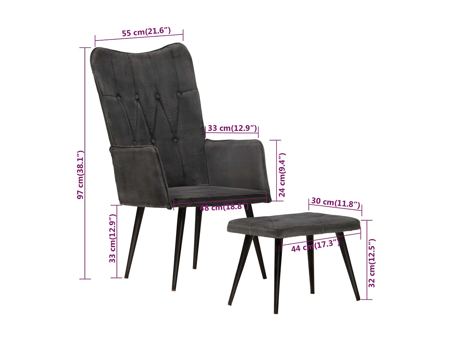 Poltrona com apoio de pés lona vintage preto