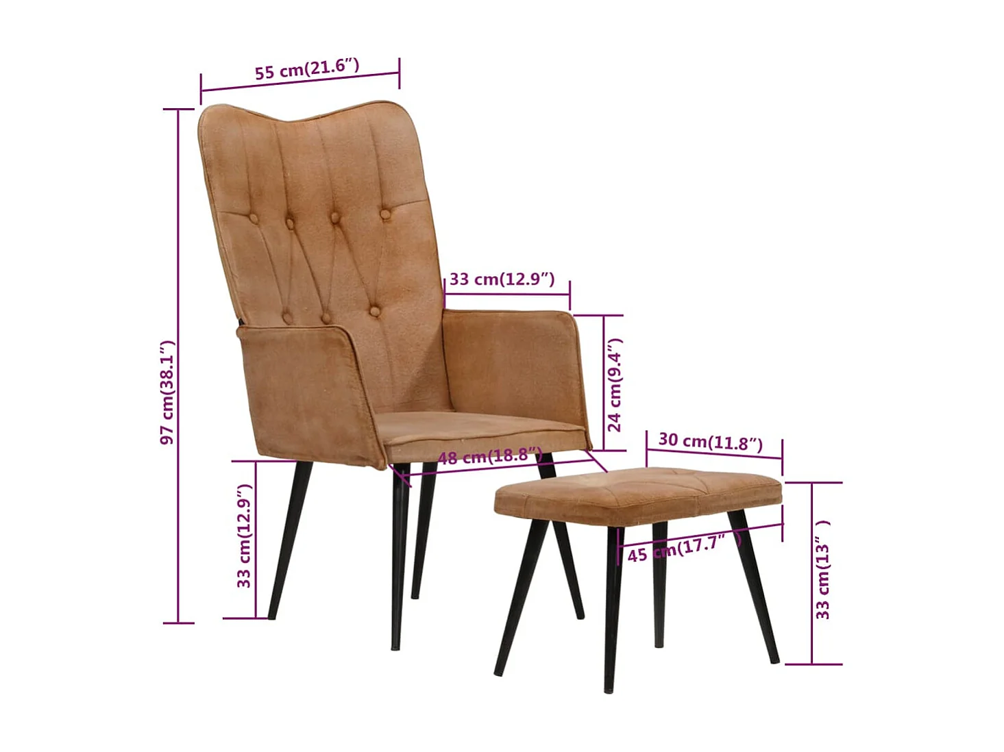 Fauteuil met voetensteun canvas bruin