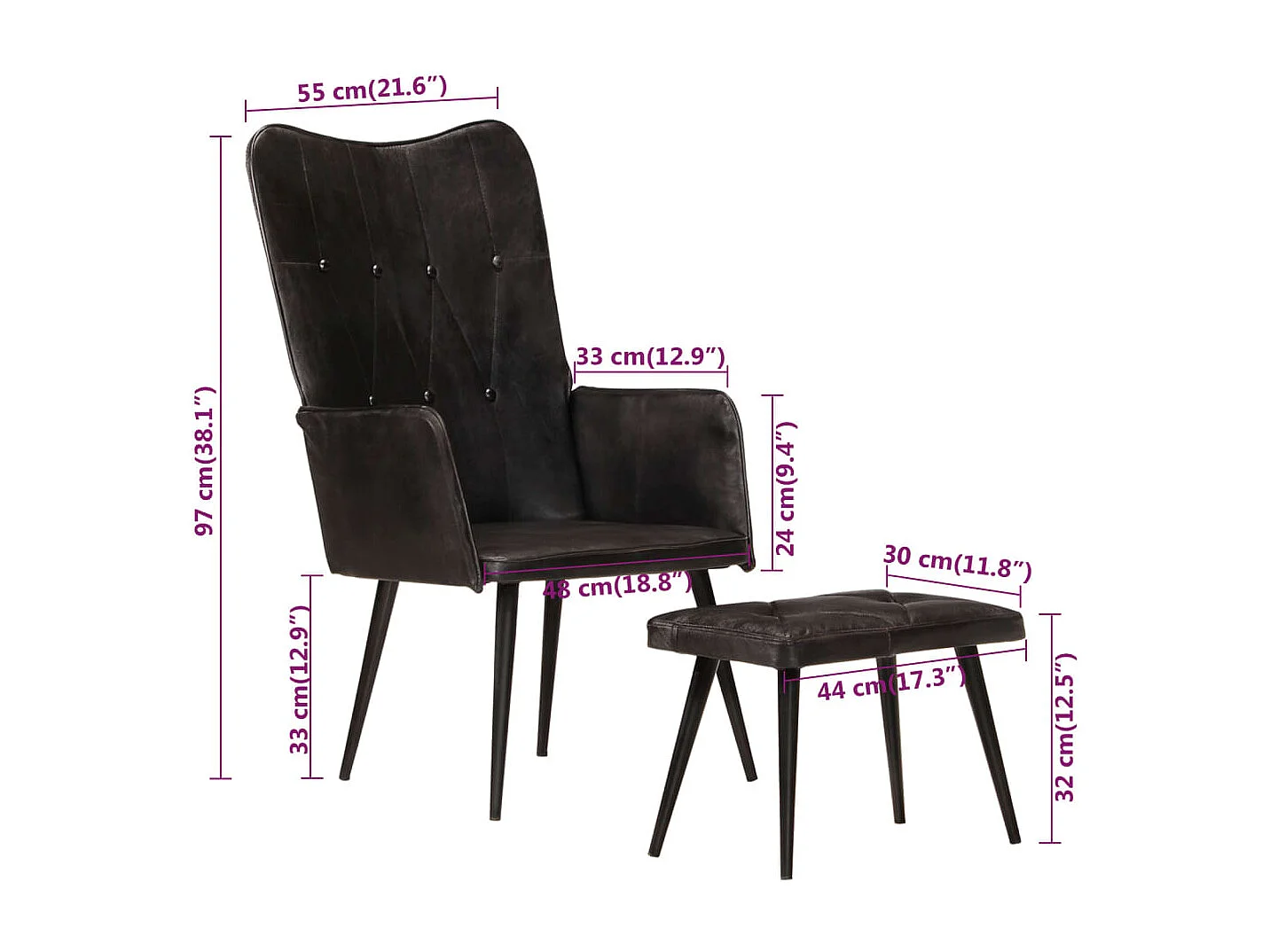 Chaise à oreilles avec repose-pied Noir Cuir véritable