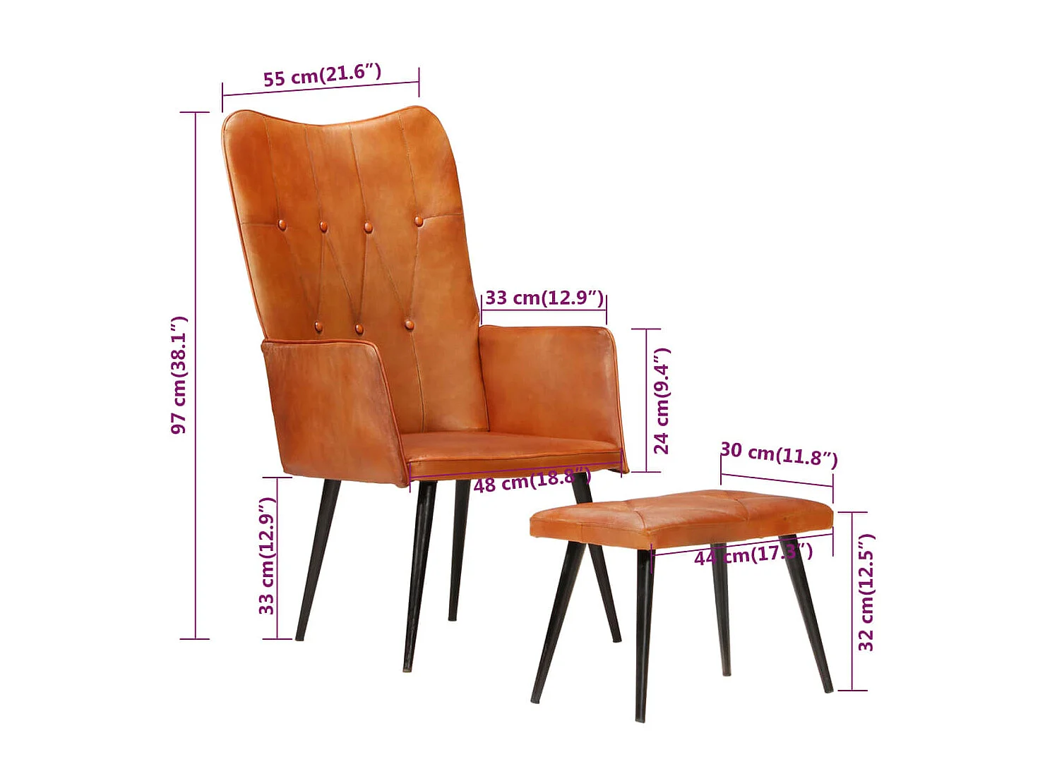 Chaise à oreilles avec repose-pied Brun roux Cuir véritable