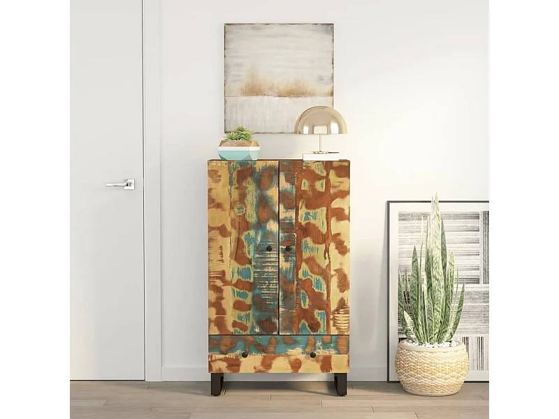 Buffet haut et tiroir 60x33x100 cm bois massif récupération/fer