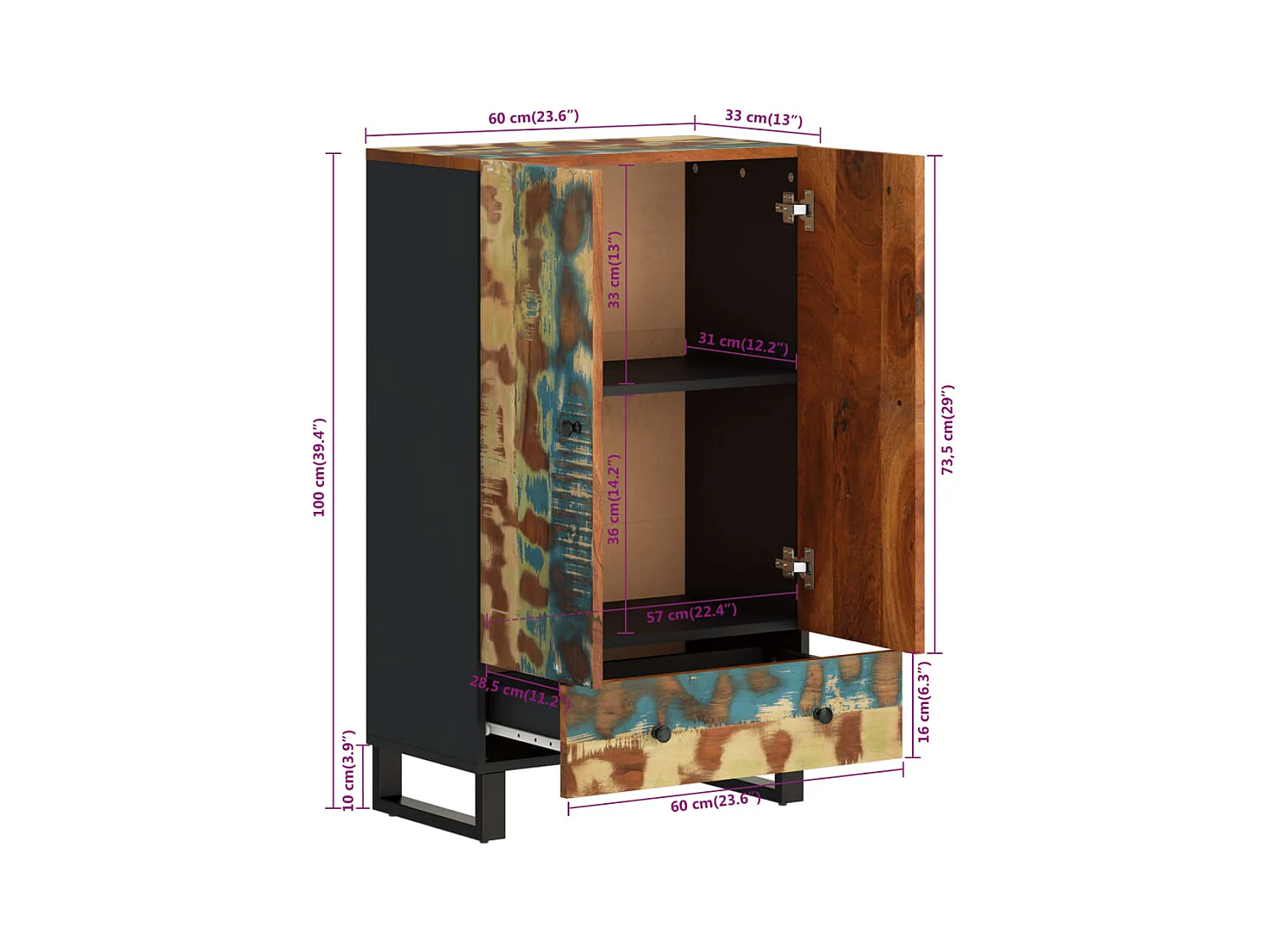 Aparador con cajón hierro y madera maciza reciclada 60x33x100cm