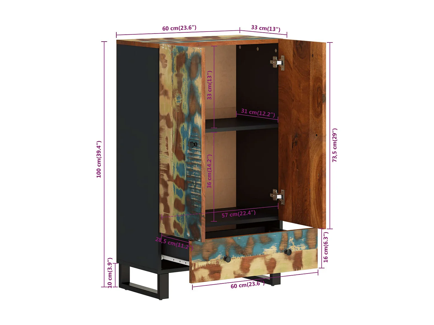 Buffet haut et tiroir 60x33x100 cm bois massif récupération/fer