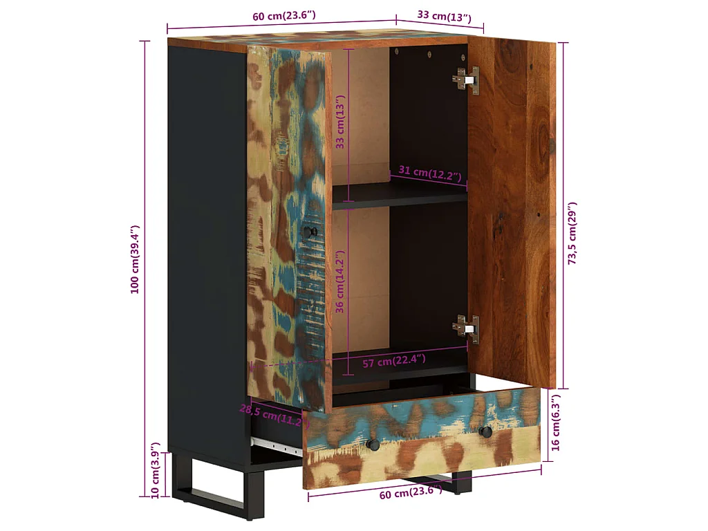 Credenza con Cassetto 60x33x100 Legno Massello Recupero e Ferro
