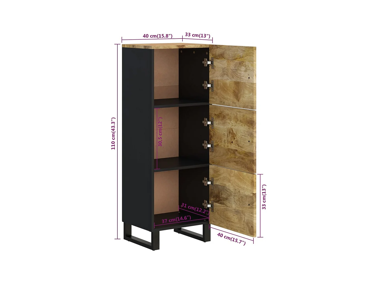 Buffet avec 3 portes 40x33x110 cm bois massif manguier et fer