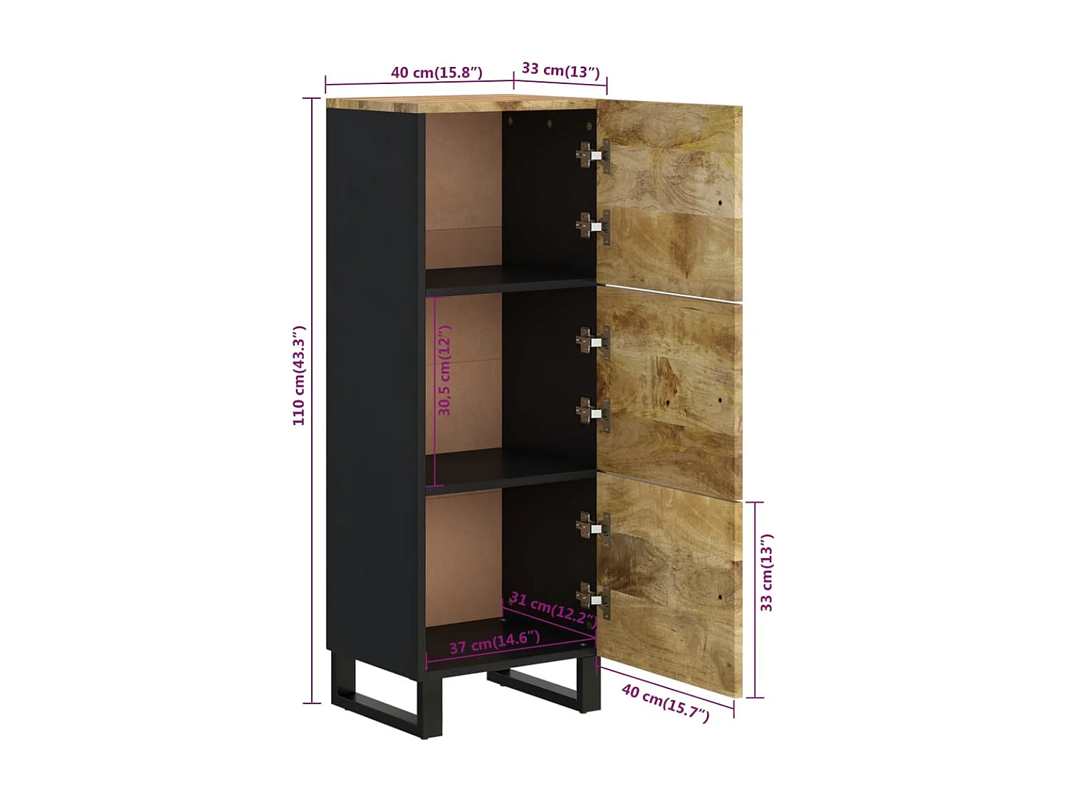 Aparador con 3 puertas hierro y madera maciza mango 40x33x110cm