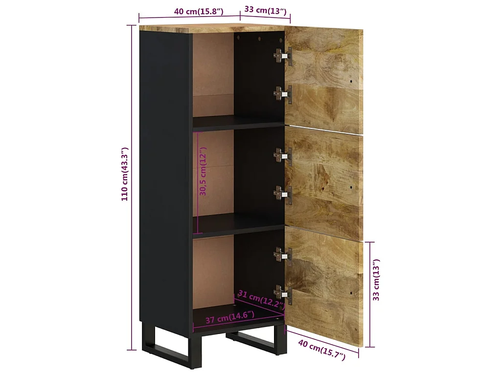 Aparador con 3 puertas hierro y madera maciza mango 40x33x110cm