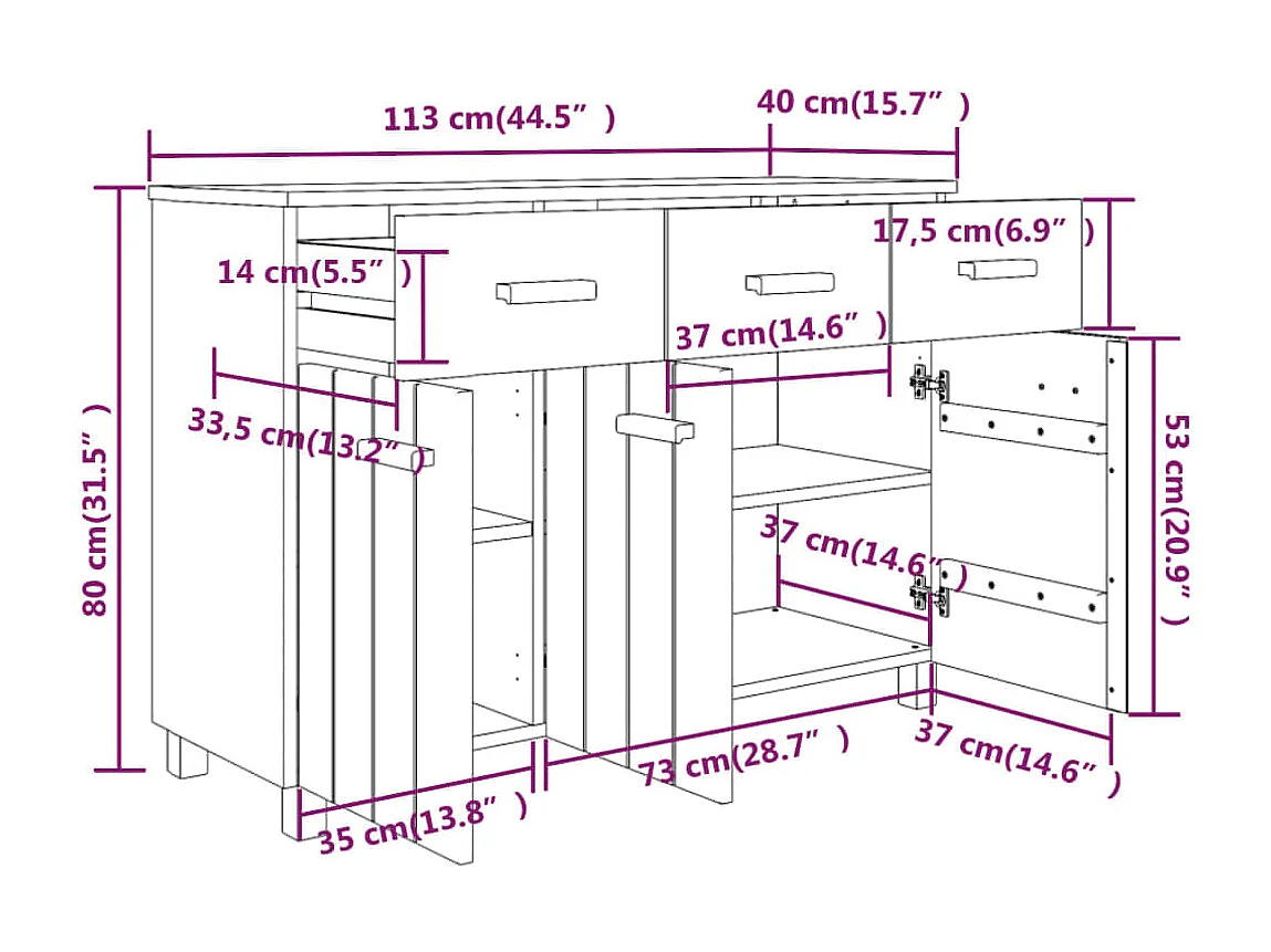 Sideboard HAMAR Hellgrau 113x40x80 cm Massivholz Kiefer
