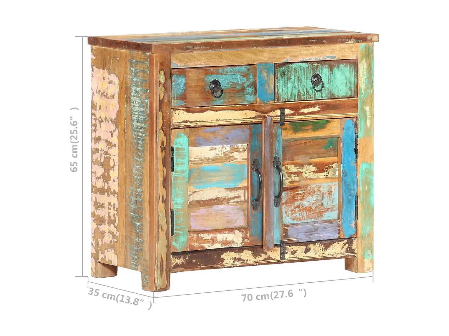 Bufet Zrecyklowanego Drewna Litego Wielokolorowy 70x35x65 cm - Stylowa Antyczna Szafka z 2 Drzwiami i 2 Szufladami