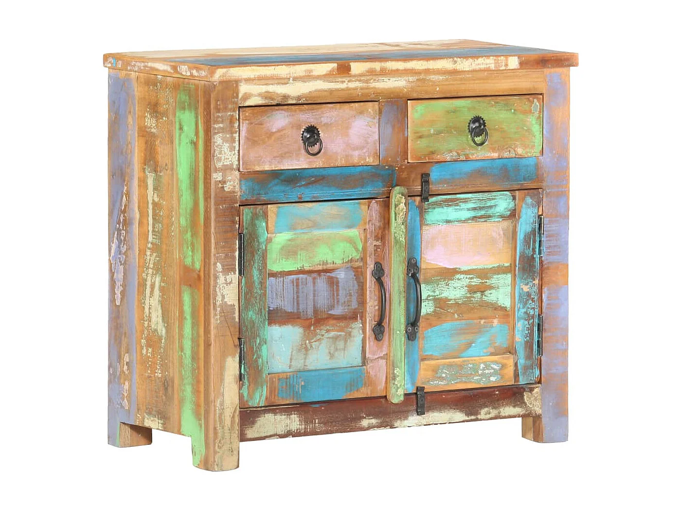 Bufet Zrecyklowanego Drewna Litego Wielokolorowy 70x35x65 cm - Stylowa Antyczna Szafka z 2 Drzwiami i 2 Szufladami