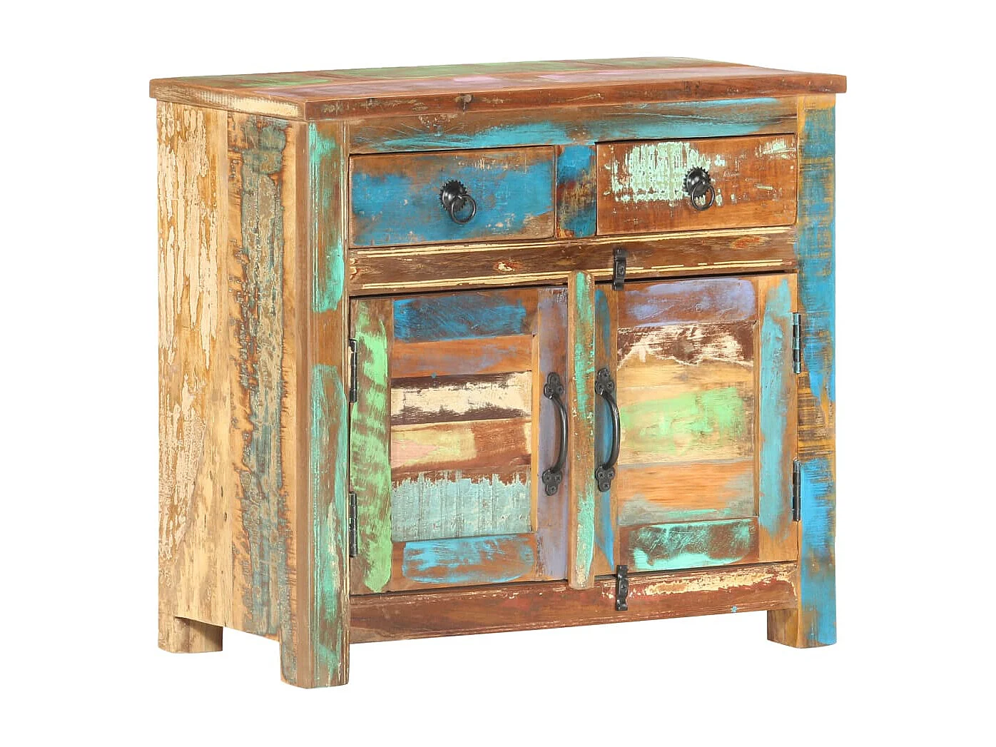 Bufet Zrecyklowanego Drewna Litego Wielokolorowy 70x35x65 cm - Stylowa Antyczna Szafka z 2 Drzwiami i 2 Szufladami