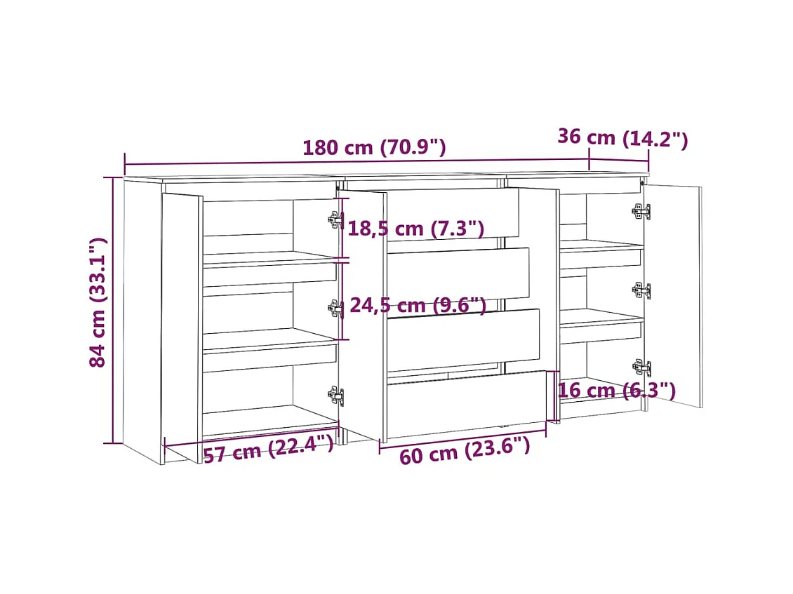Credenze 3 pz in Legno Massello di Pino Bianco
