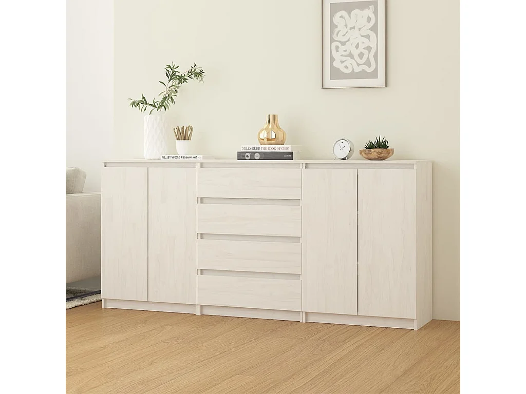 Credenze 3 pz in Legno Massello di Pino Bianco