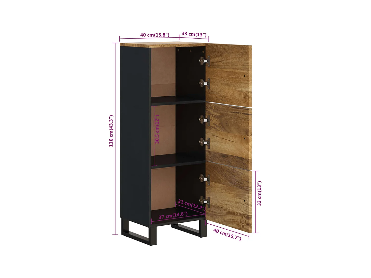 Buffet avec 3 portes 40x33x110 cm bois massif manguier et fer