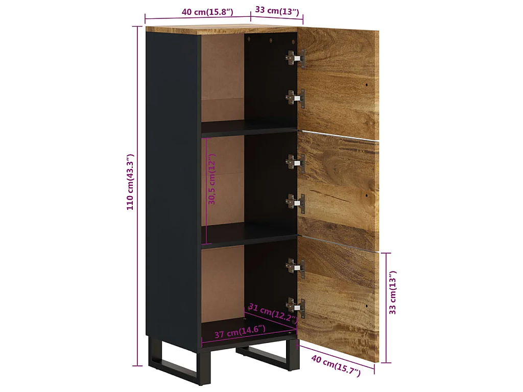 Buffet avec 3 portes 40x33x110 cm bois massif manguier et fer