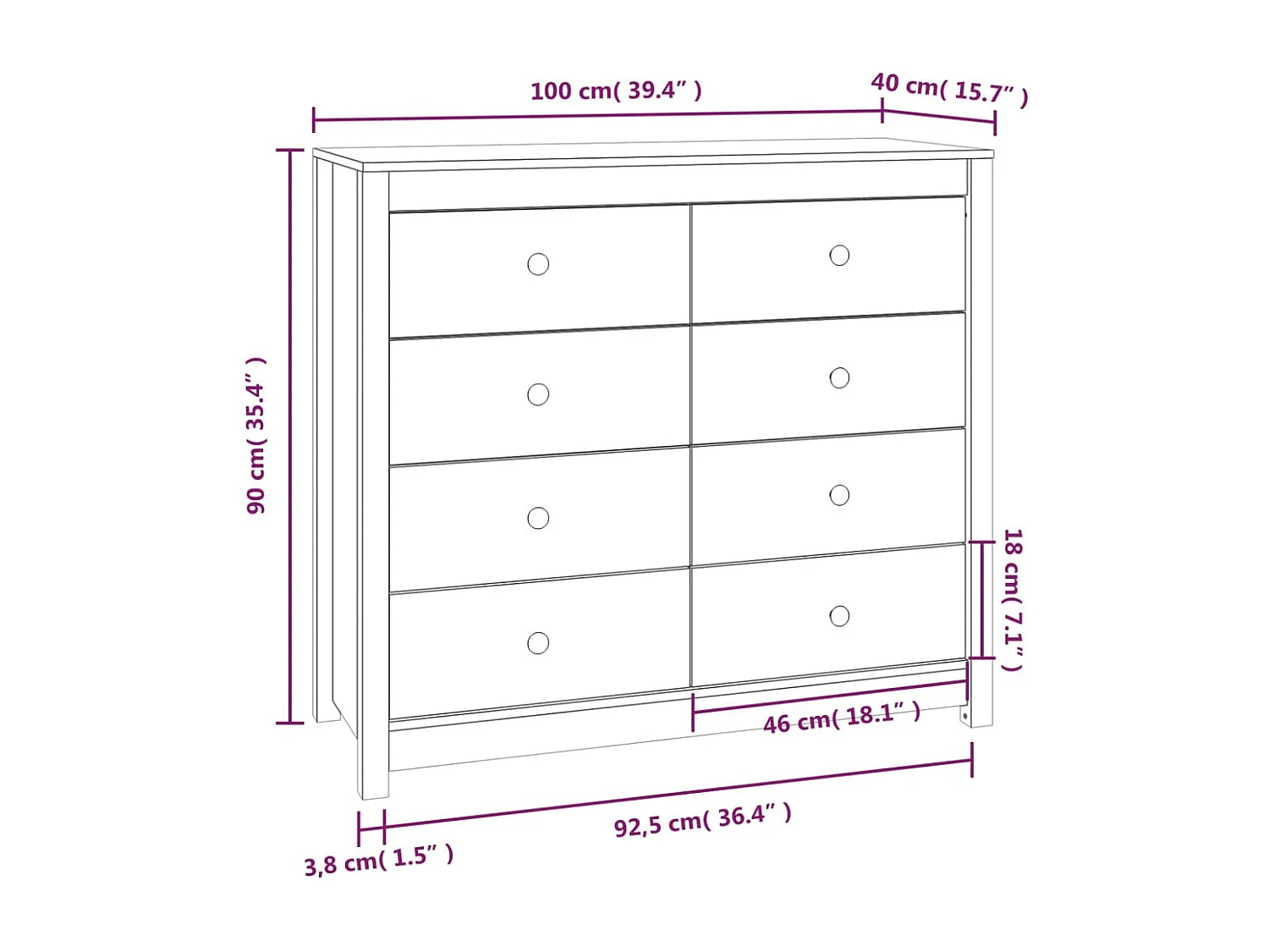 Armario auxiliar madera maciza de pino blanco 100x40x90 cm