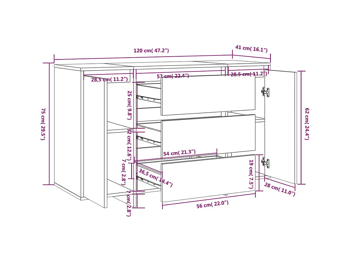 Sideboard mit 3 Schubladen Räuchereiche 120x41x75 cm