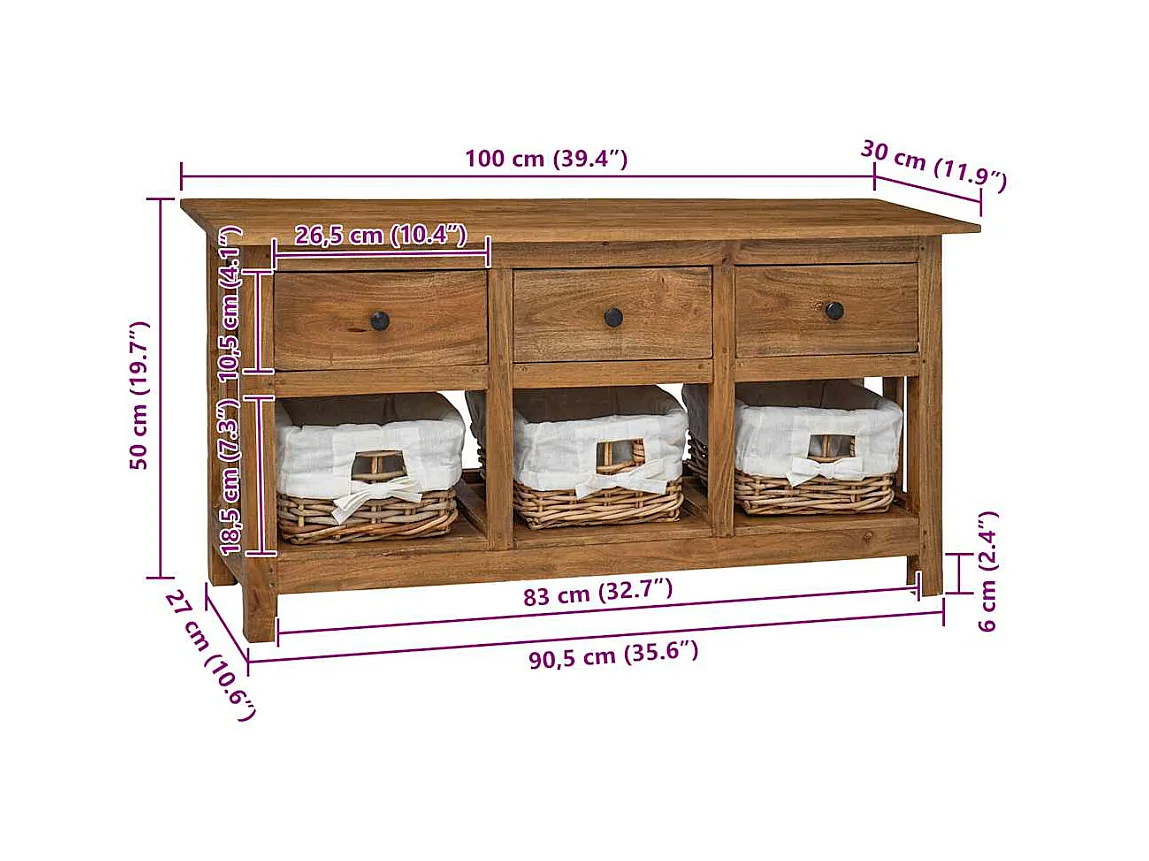 Buffet bois d'acajou massif 100x30x50 cm