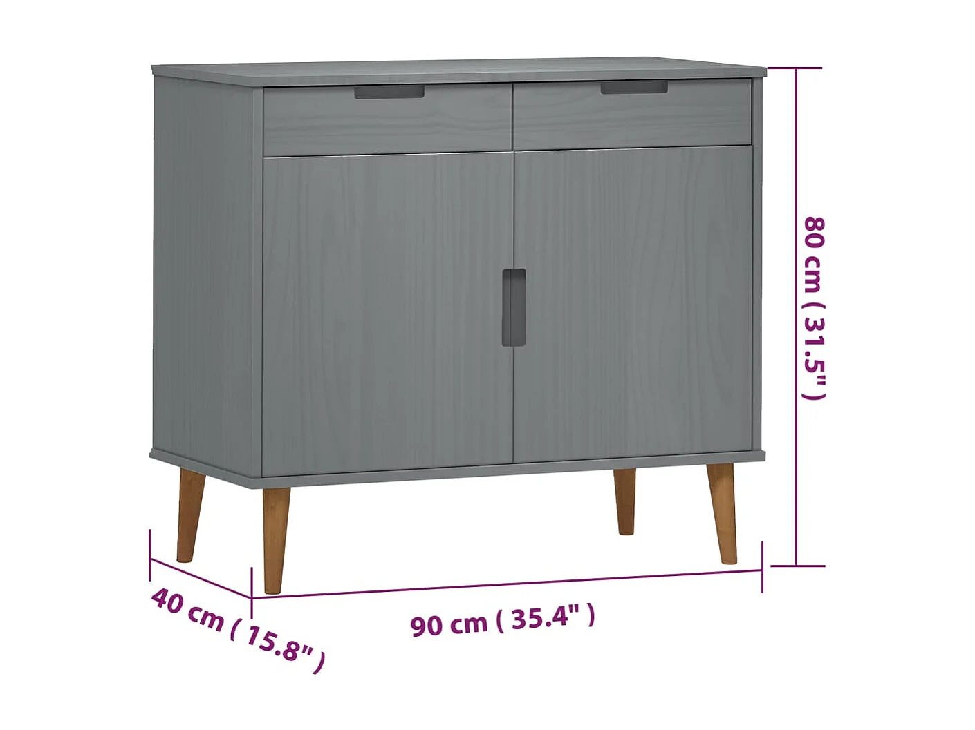 Credenza MOLDE Grigia 90x40x80 cm in Legno Massello di Pino