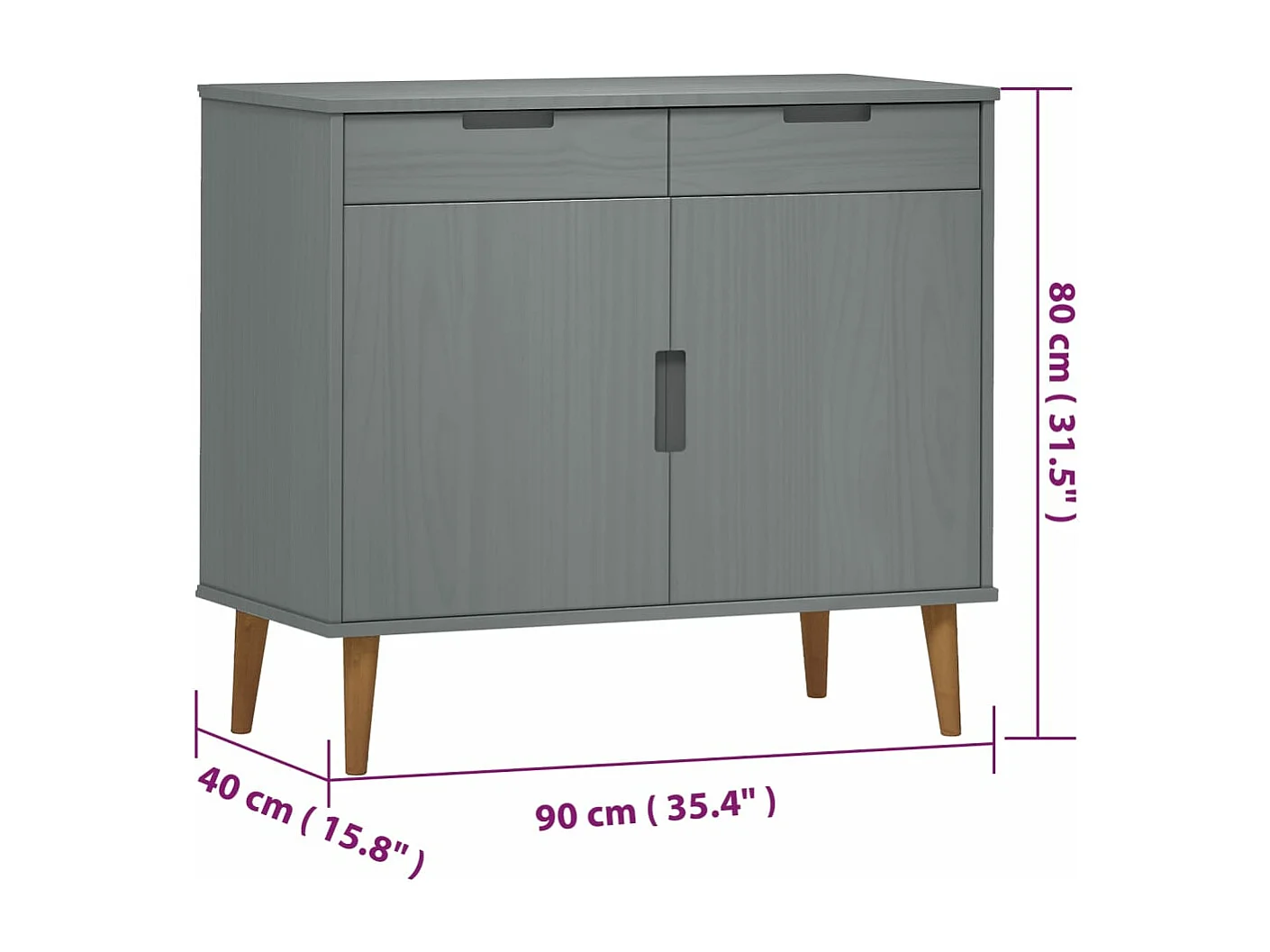 Credenza MOLDE Grigia 90x40x80 cm in Legno Massello di Pino