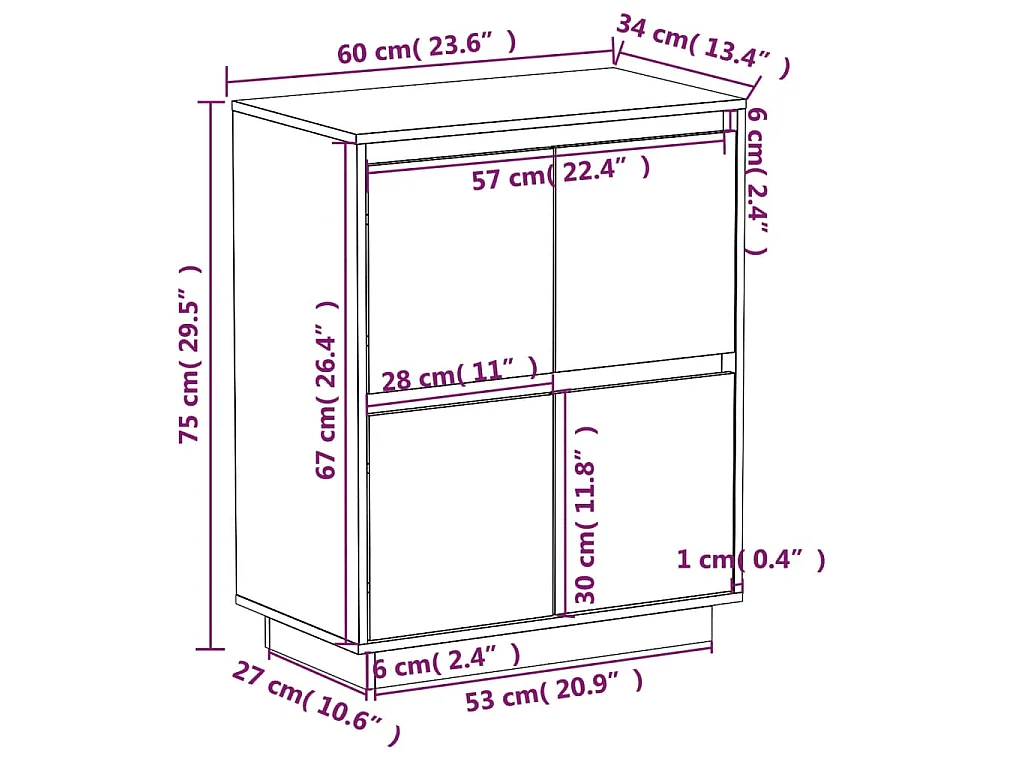 Credenza Bianca 60x34x75 cm in Legno Massello di Pino