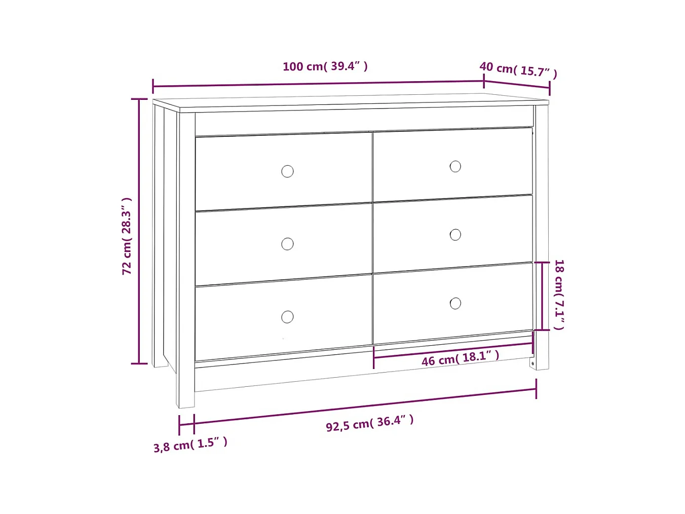 Dressoir 100x40x72 cm massief grenenhout wit