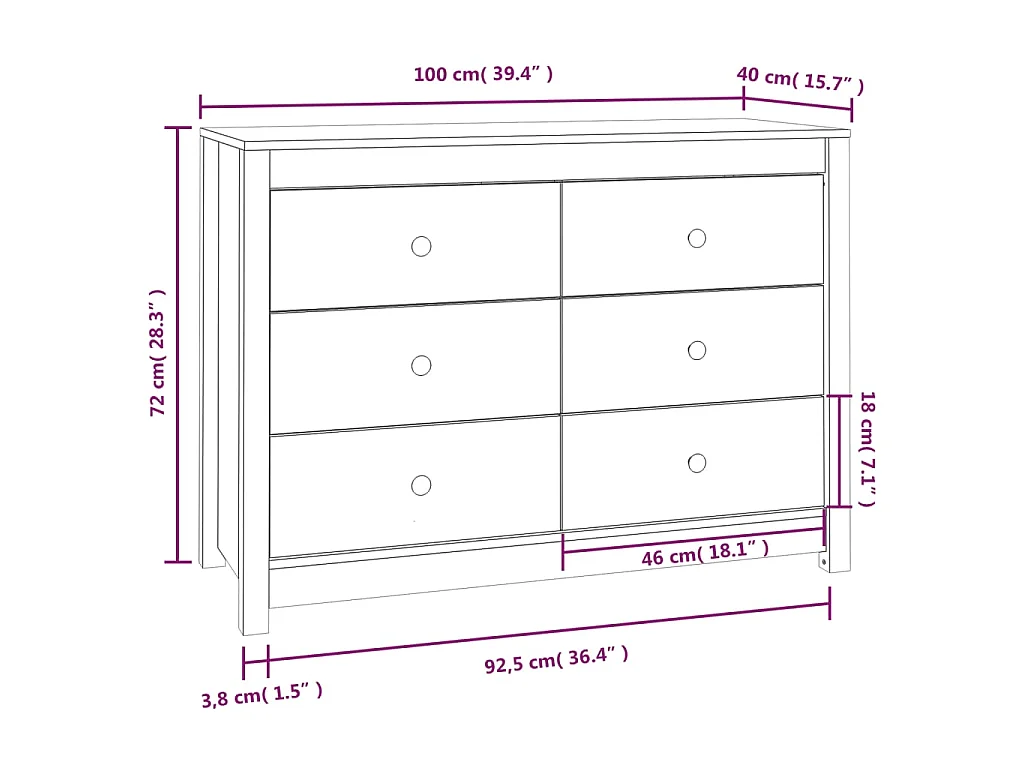 Armario auxiliar de madera maciza de pino blanco 100x40x72 cm