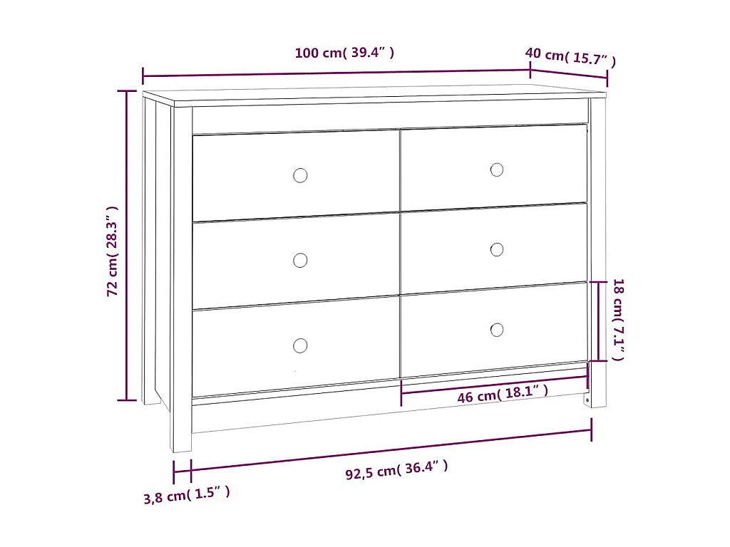 Dressoir 100x40x72 cm massief grenenhout wit