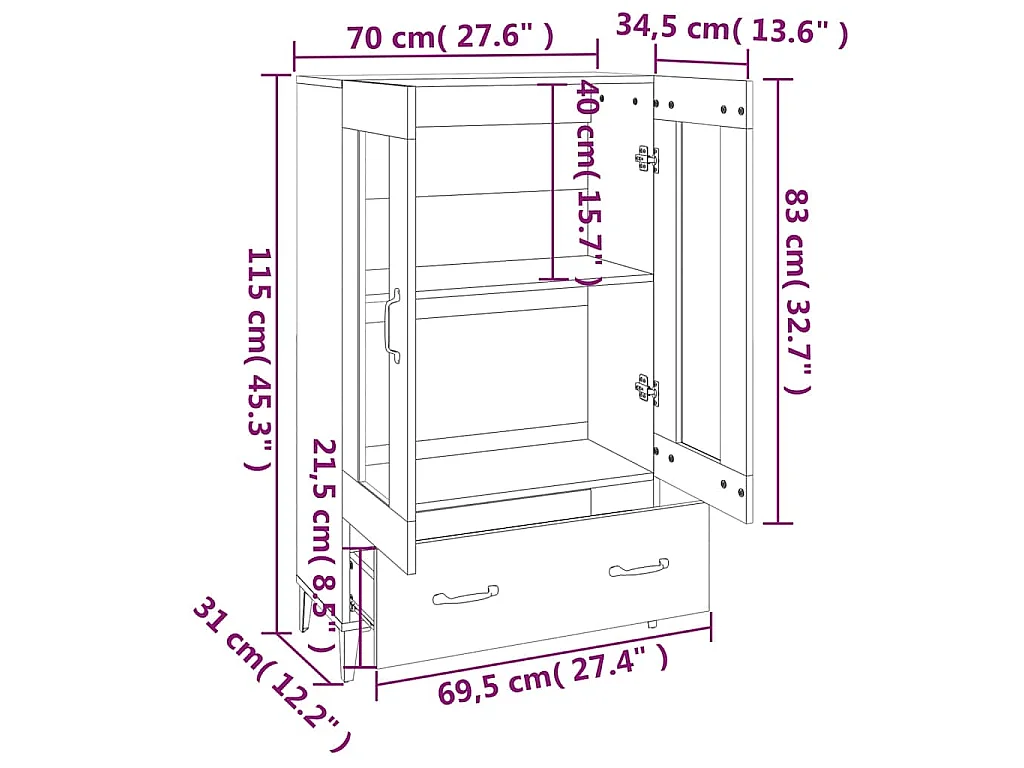 Aparador de madera contrachapada blanco 70x31x115 cm