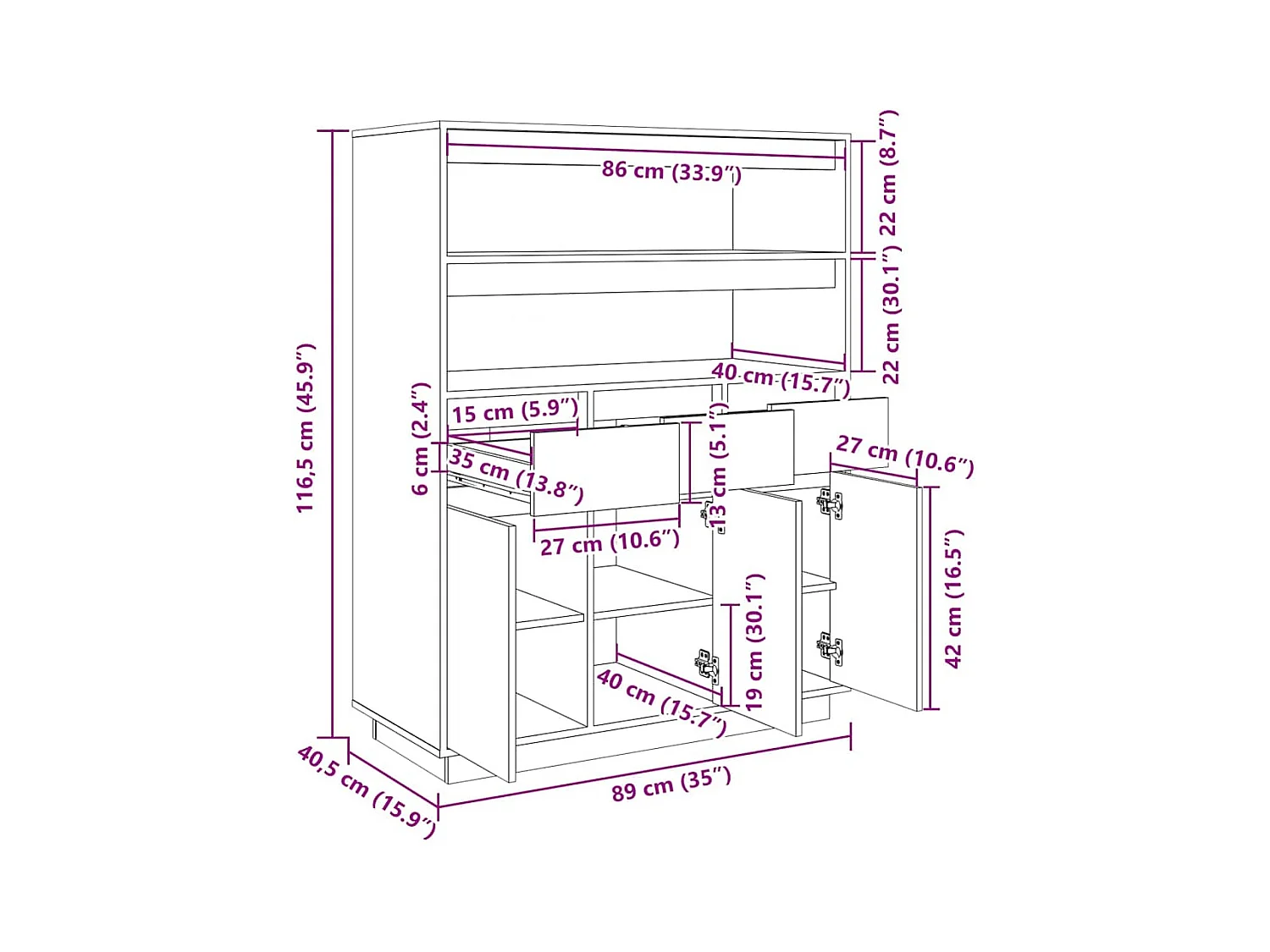 Highboard 89x40x116,5 cm Massivholz Kiefer