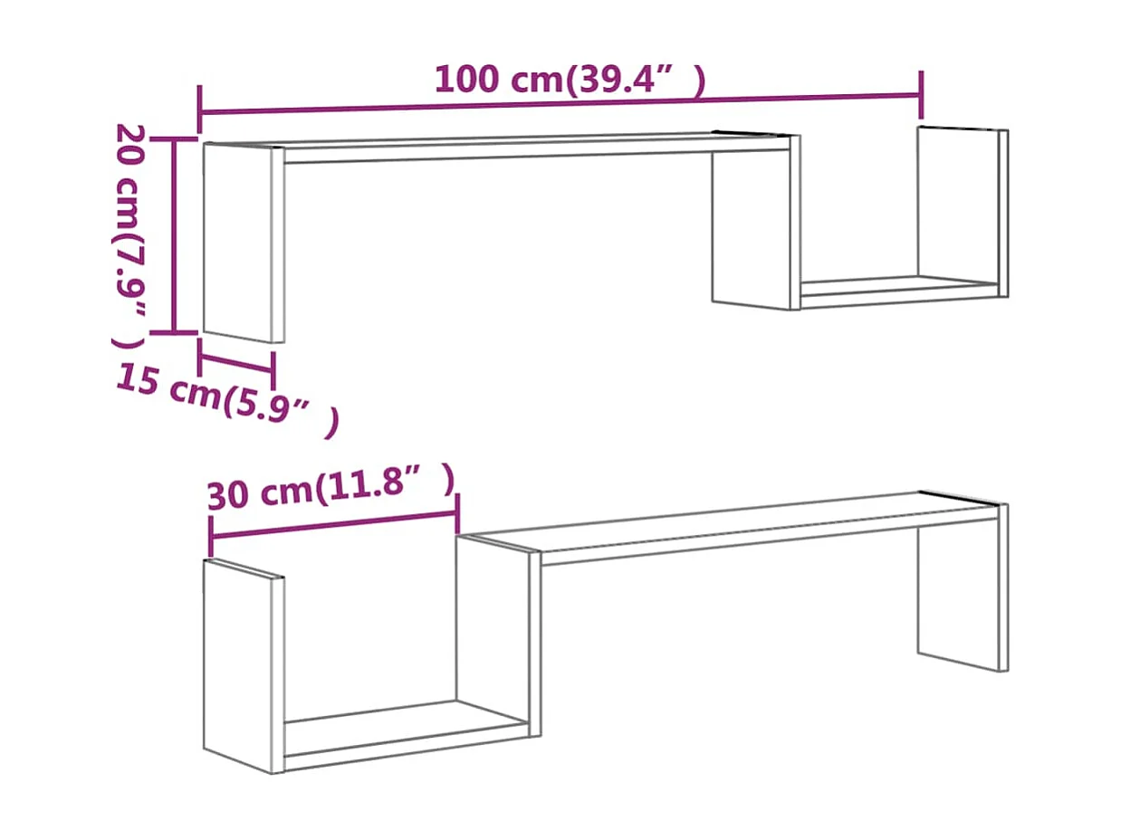 Étagères murales 2pcs Sonoma gris 100x15x20cm Bois d’ingénierie