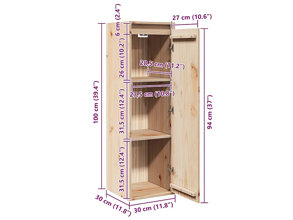 Wandschrank 30x30x100 cm Massivholz Kiefer