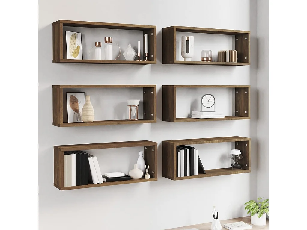 Estantes cúbicos de pared 6 uds madera roble marrón 60x15x23 cm