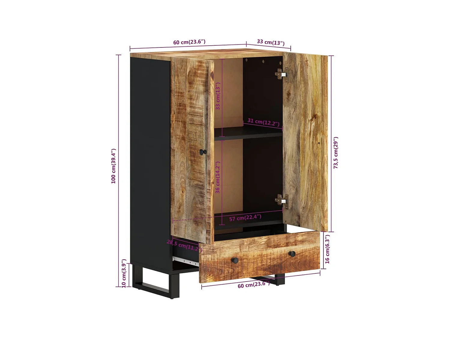 Buffet haut avec tiroir 60x33x100cm bois massif manguier et fer