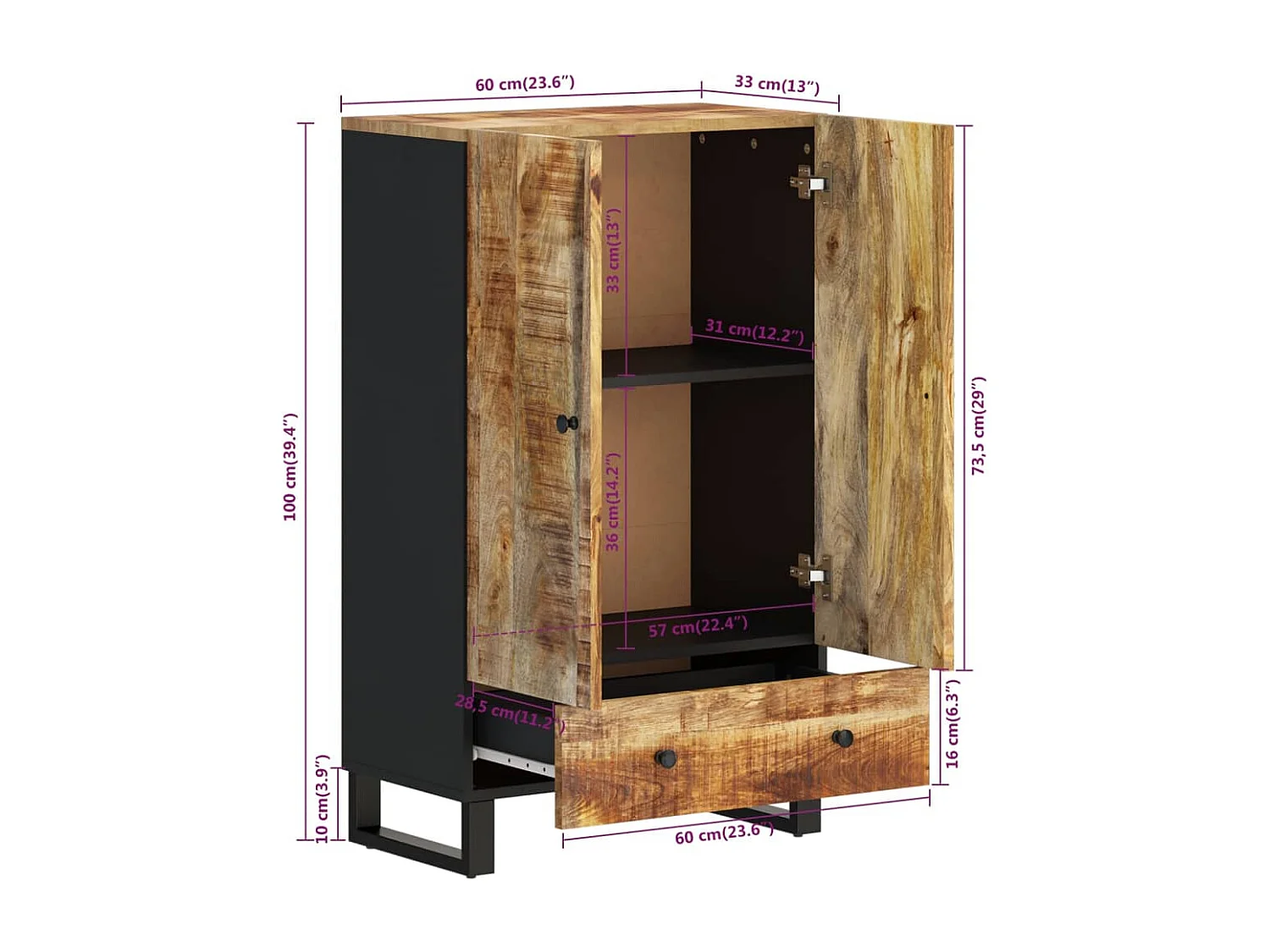Buffet haut avec tiroir 60x33x100cm bois massif manguier et fer