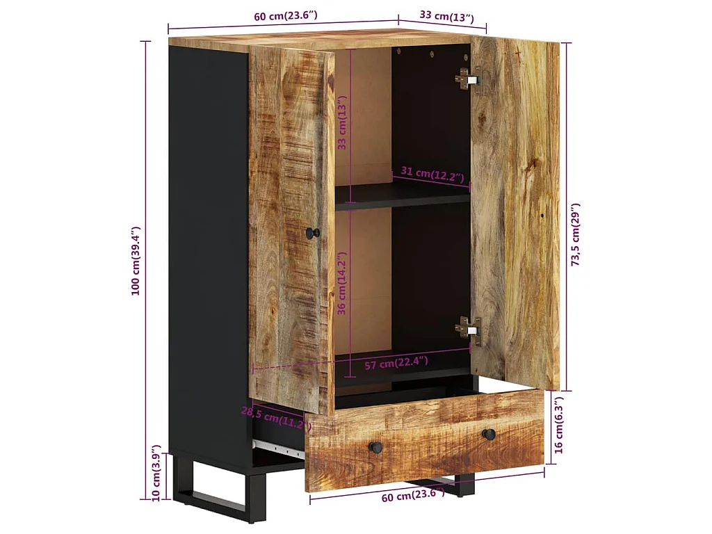Hoge kast met lade 60x33x100 cm massief mangohout en ijzer