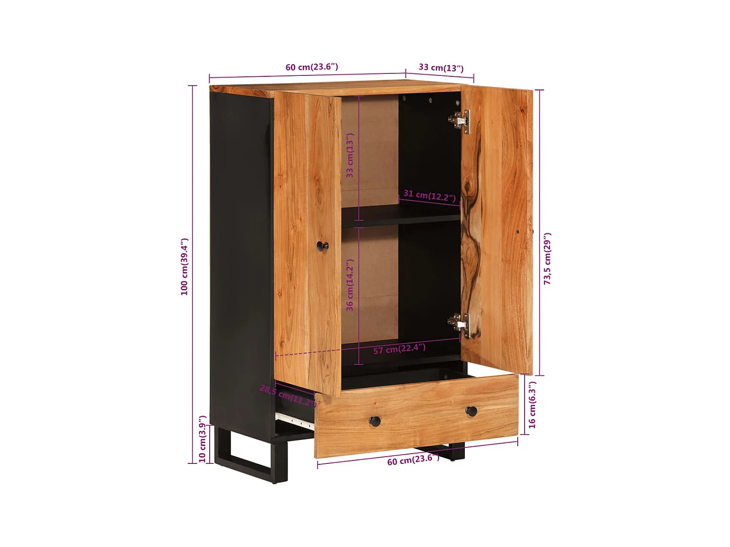 Buffet haut avec tiroir 60x33x100cm bois massif d'acacia et fer