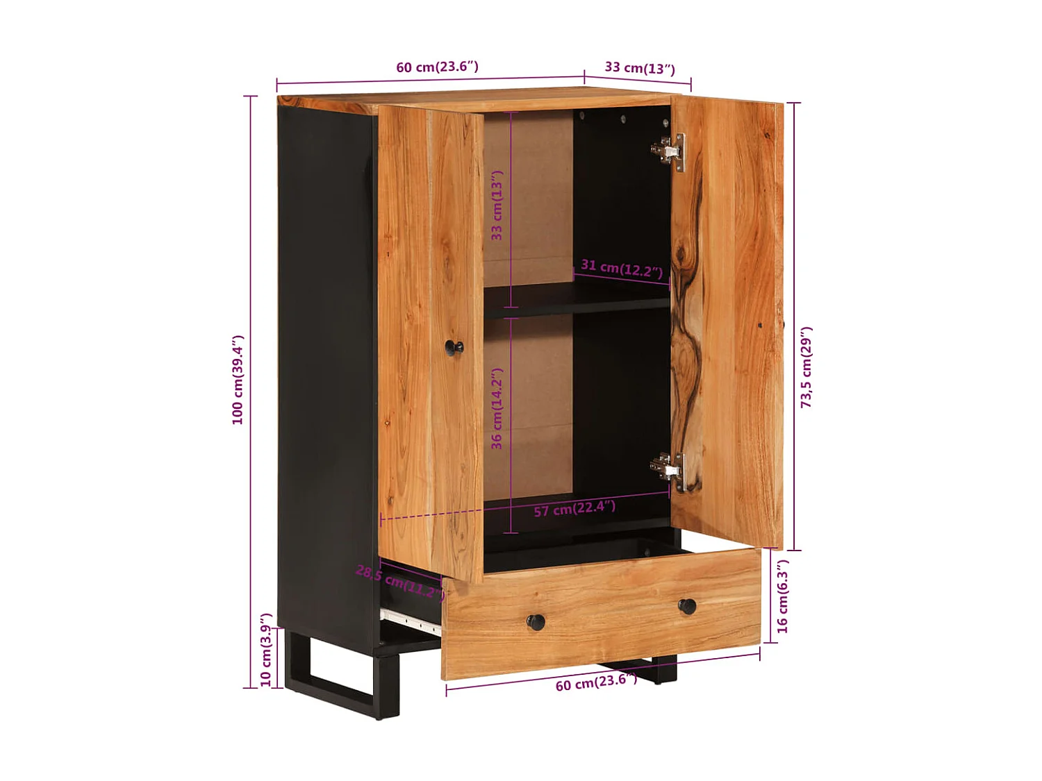 Aparador con cajón hierro y madera maciza acacia 60x33x100 cm