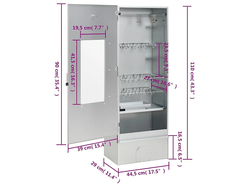 Horno ahumador astillas madera acero galvanizado 44,5x29x110 cm