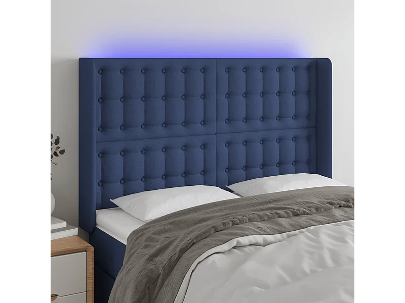 Cabeceira de cama c/ luzes LED tecido 147x16x118/128 cm azul