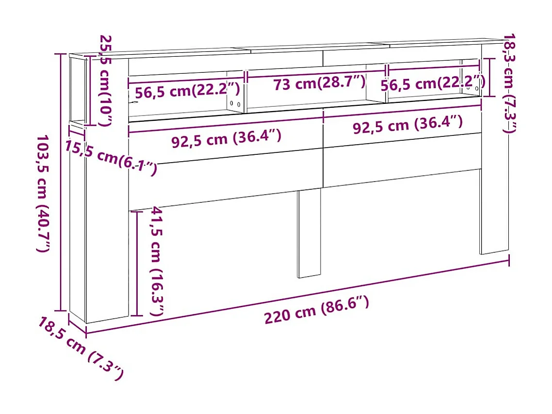 Tête de lit à LED chêne artisanal 220x18,5x103,5 cm