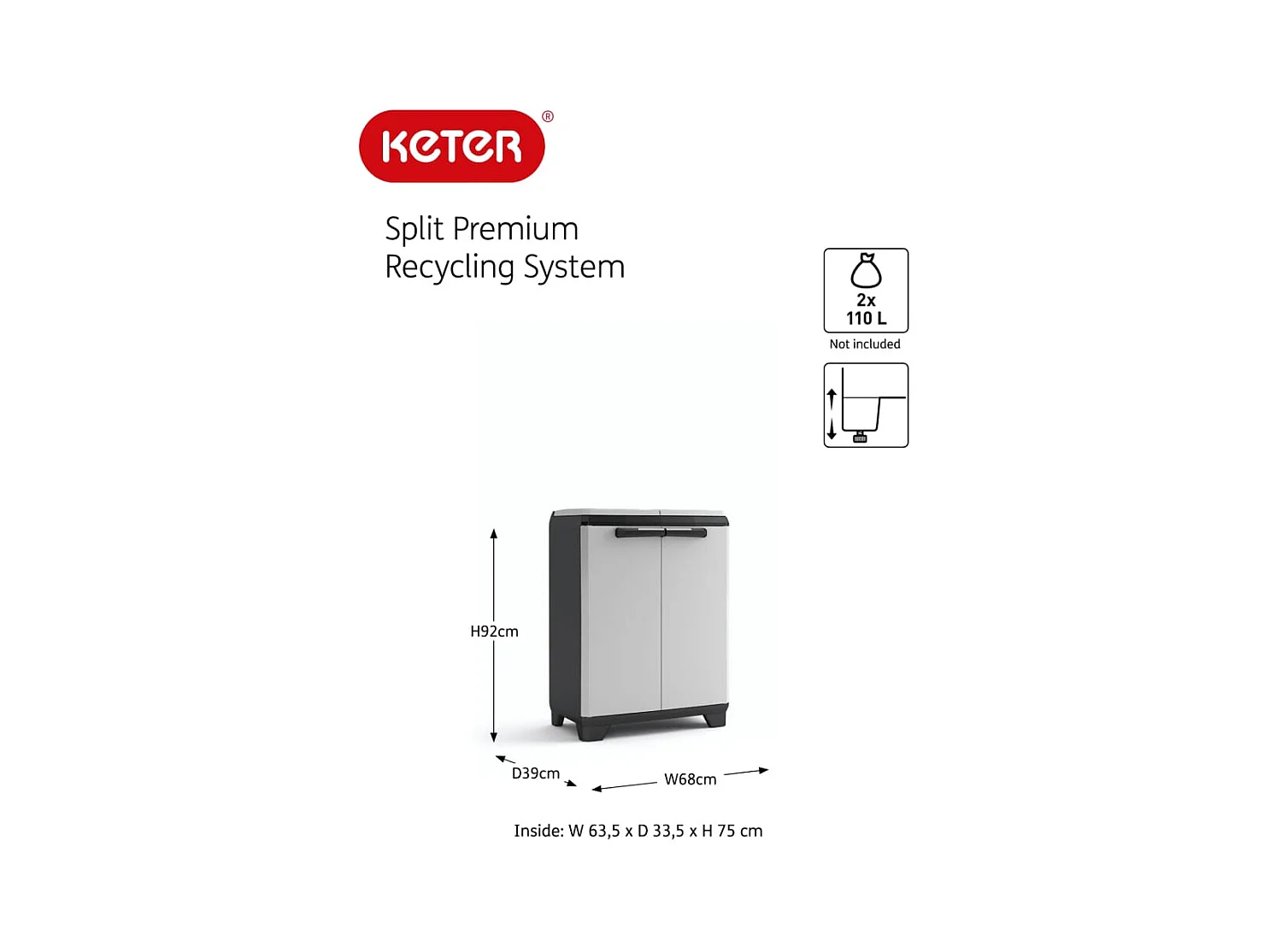 Armario de reciclaje Split Premium gris y negro 92 cm