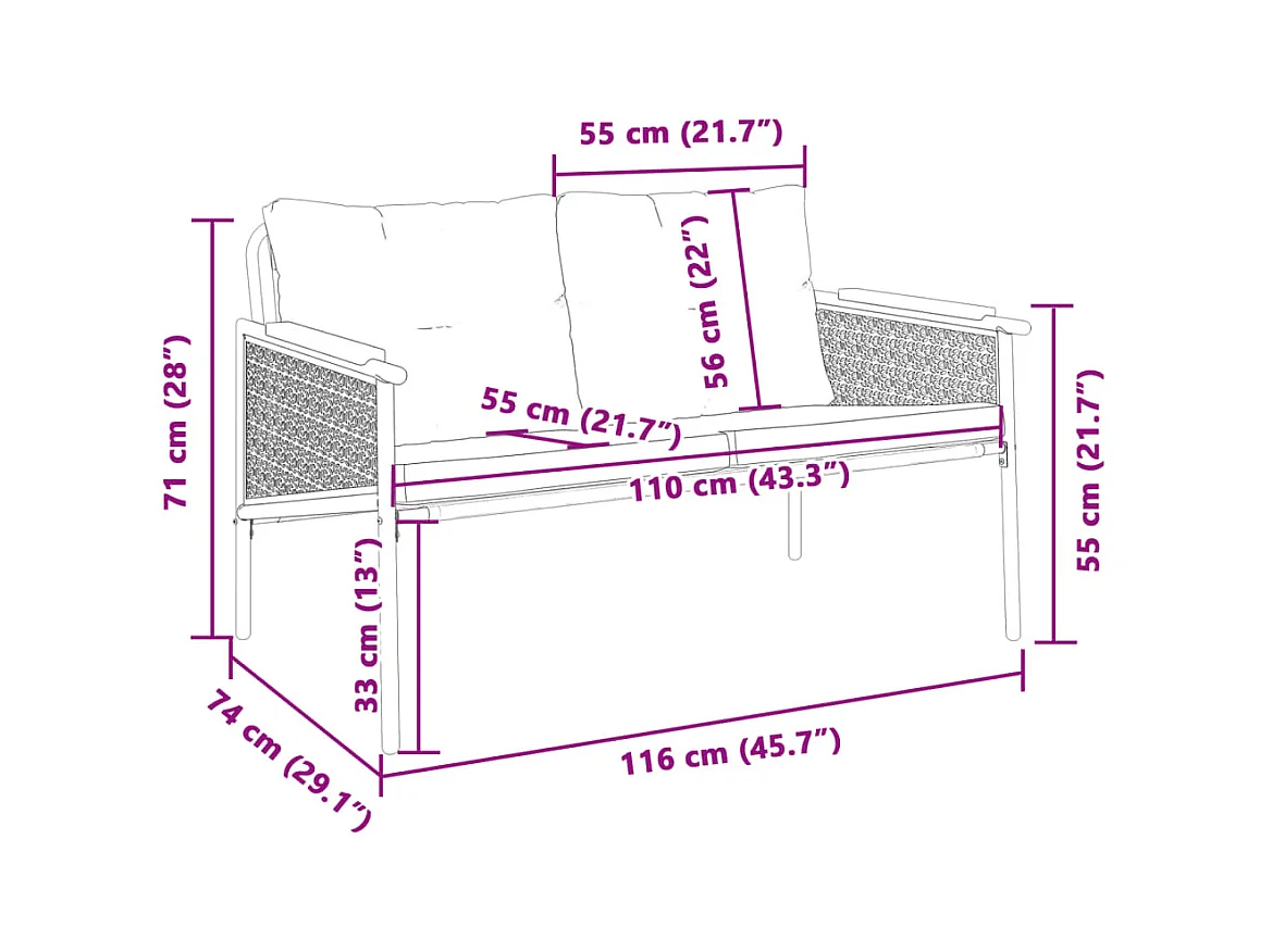 Tuinbank met kussens 116 cm staal zwart